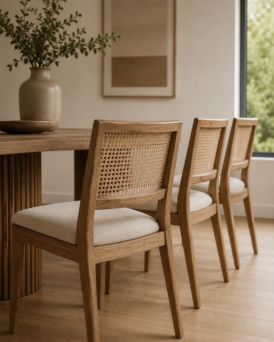 Set of wooden dining chairs with woven cane backs